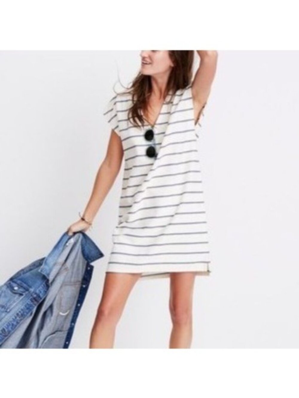 Madewell Size XS Beige Blue Striped Cap Sleeve V-Neck Mini Dress